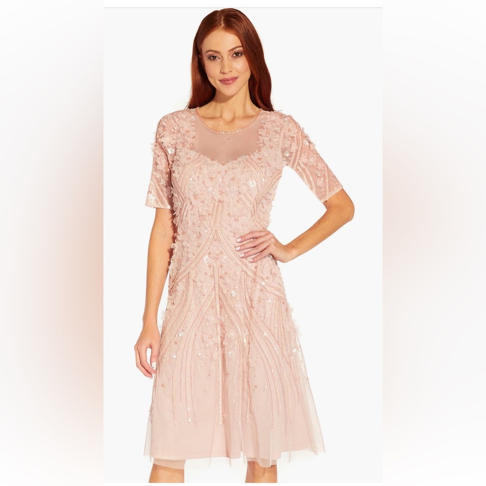 Adrianna Papell Shell Pink Sequin 3D Floral Midi Dress